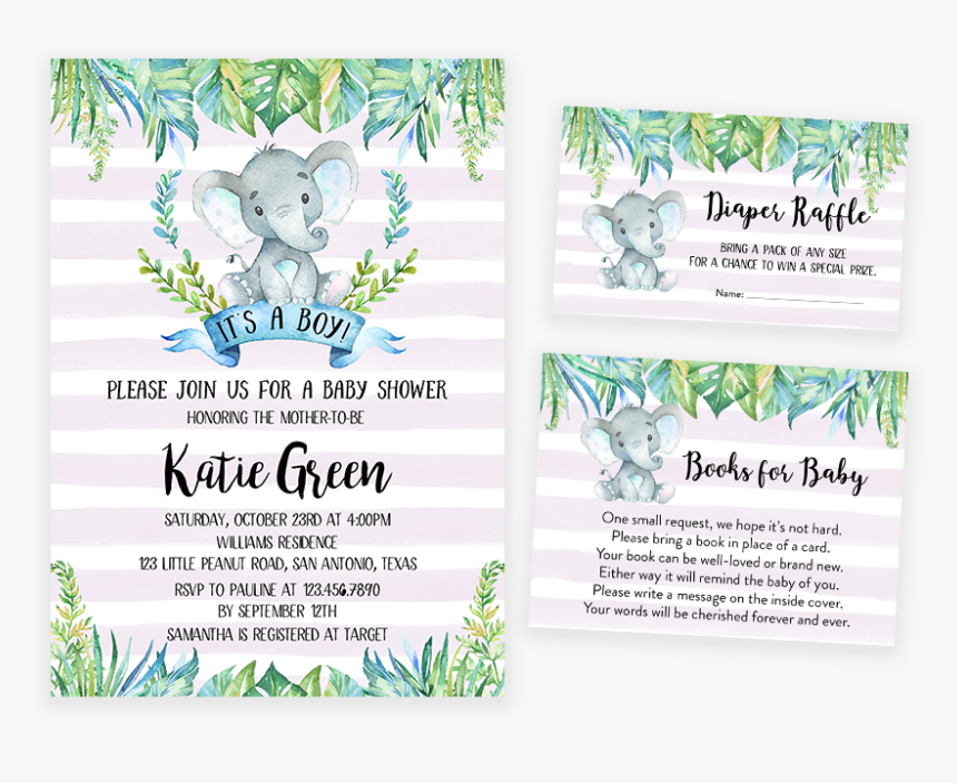 Blue Elephant Safari Baby Shower Invitation Pack, HD Png Download