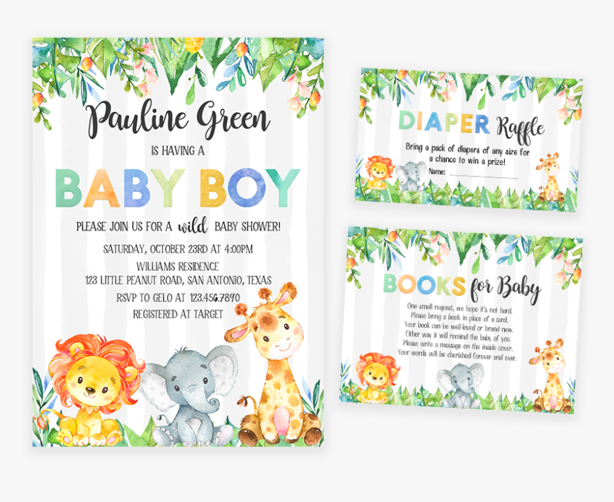 Safari Jungle Elephant, Lion Giraffe Baby Shower Invitation, HD Png Download