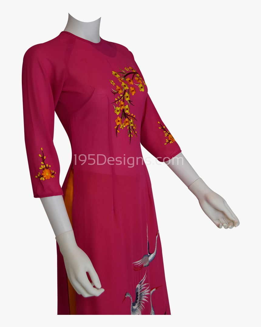 Hot Pink Ao Dai Apricot Blossom Flower Bird New Year, HD Png Download