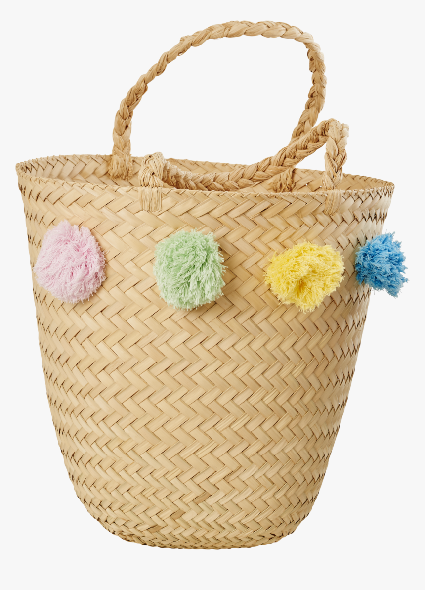 Natural Raffia Beach Bag With Pom Poms , Png Download, Transparent Png