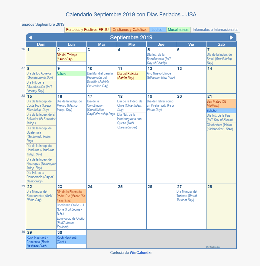 Calendario Estados Unidos Septiembre 2019 En Formato, HD Png Download