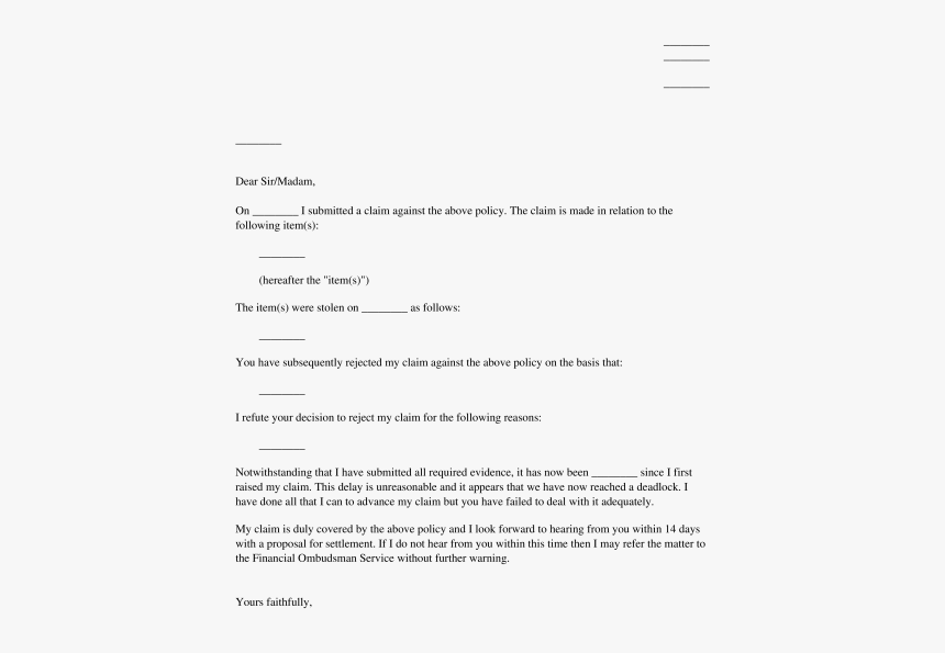 Letter To Complain About Insurer S Rejection Or Delay, HD Png Download