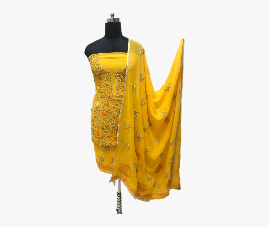 Yellow Hand Embroidered Phulkari Pure Georgette Dress, HD Png Download
