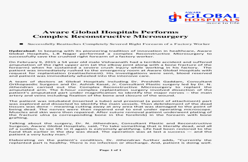 Aware Global Hospitals Performs Complex Reconstructive, HD Png Download