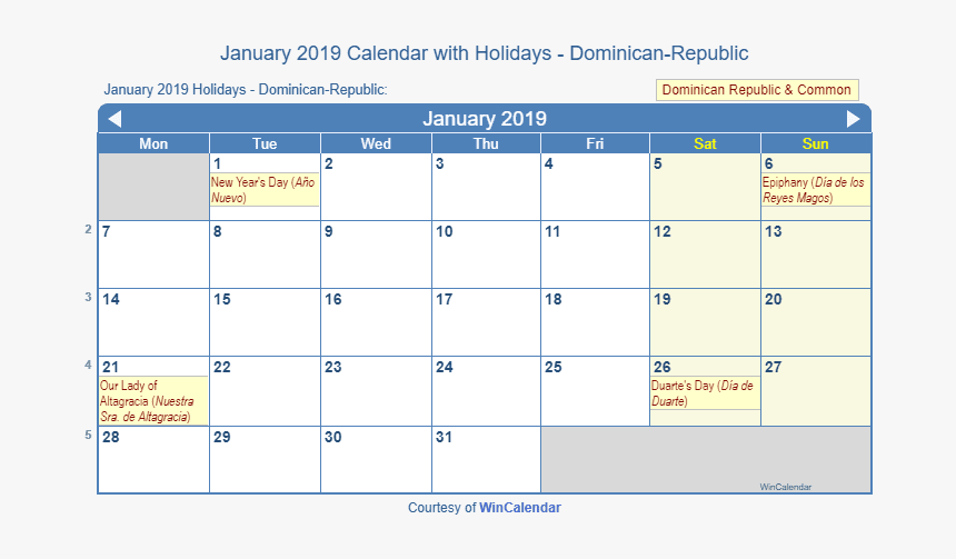 January 2019 Calendar With Dominican Holidays To Print, HD Png Download