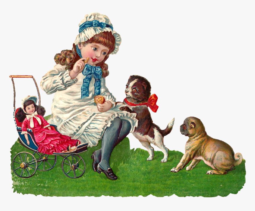 Girl Playing With Dogs And Doll Digital Clip Art Clip - Doll, HD Png Download