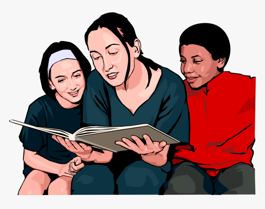 Vector Illustration Of Children With Teacher Reading - Mulher Com Filhos Png, Transparent Png