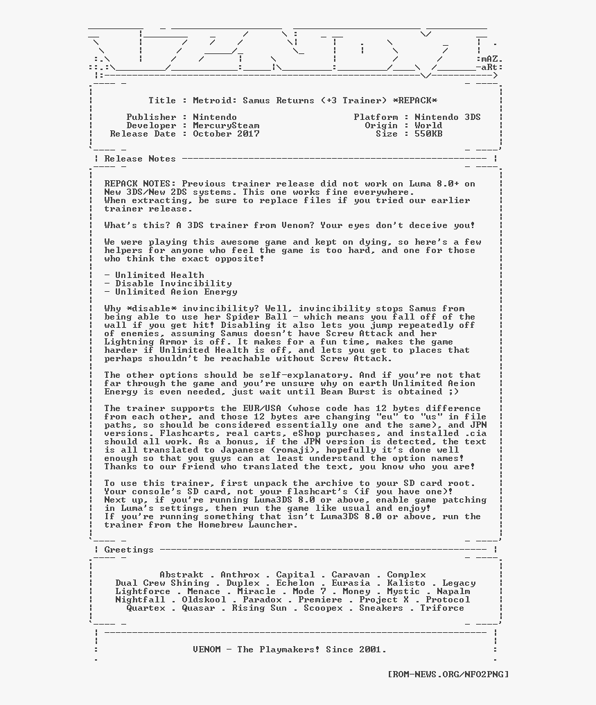 Metroid Samus Returns Plus3 Trainer Repack 3ds-venom, HD Png Download