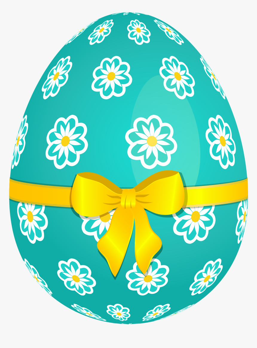 Sky Blue Easter Egg With Flowers And Yellow Bow Png, Transparent Png