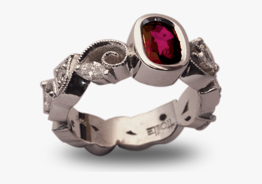 14k White Gold Scroll Shank Ring With Bezel Set Ruby - Engagement Ring, HD Png Download