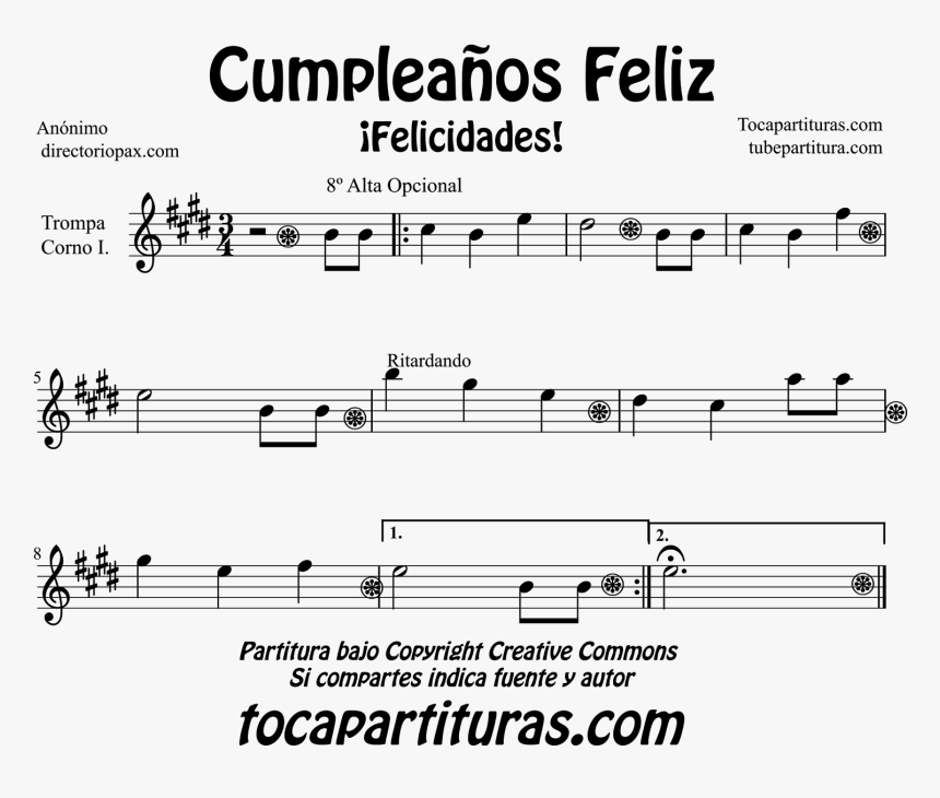 Happy Birthday Sheet Music For Horn, English Horn And - Cumpleaños Feliz En Do, HD Png Download