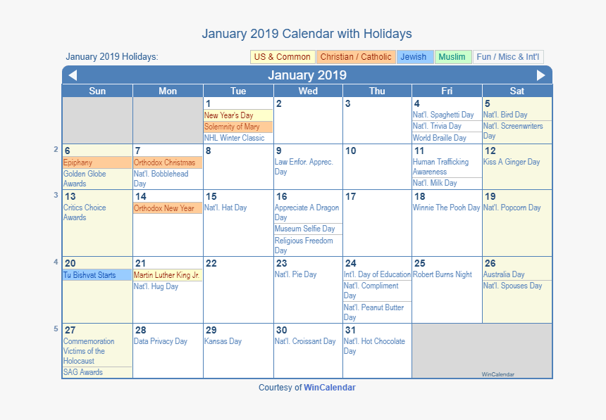 January 2019 Printable Calendar With Us Holidays - Holiday October 2019 Calendar, HD Png Download