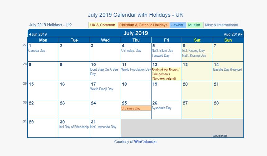 July 2019 Calendar With Holidays Uk - Holidays In December 2019, HD Png Download