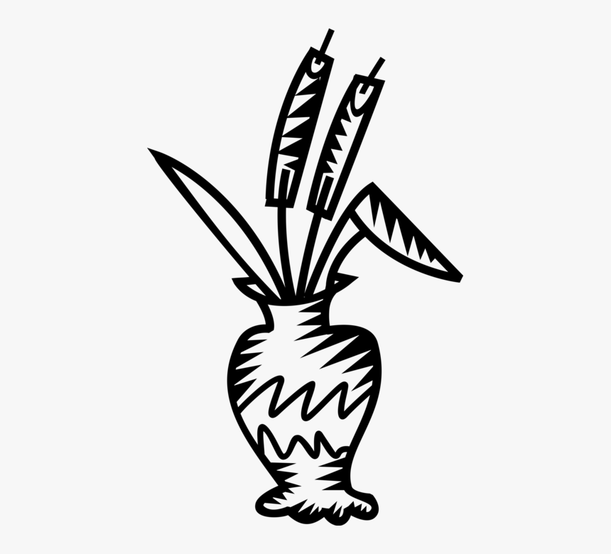 Vector Illustration Of Ceramic Vase With Cattail Bulrushes, HD Png Download