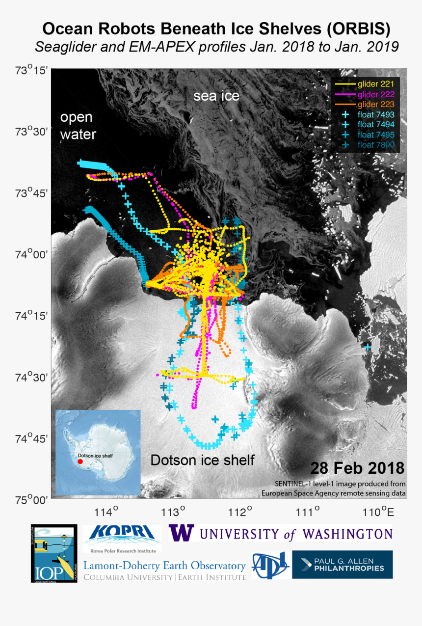 Colored Travel Paths Over Antarctic Map - Seaglider Dotson Ice Shelf, HD Png Download