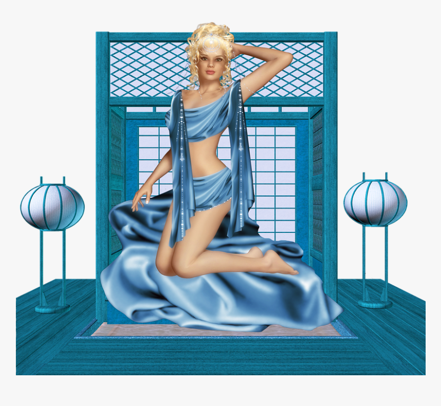 Girl, Beautiful, Sexy, Alluring, Blue Satin, Kneeling - Girl, HD Png Download