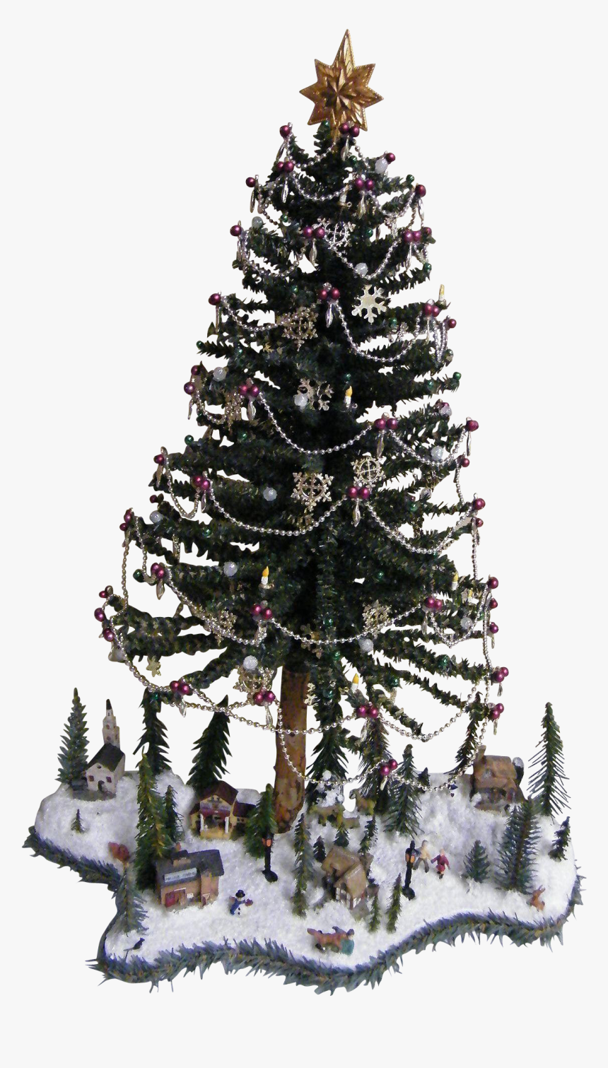 Christmas Tree With Christmas Village At Base Of Tree - 10 Desk Top Christmas Tree, HD Png Download