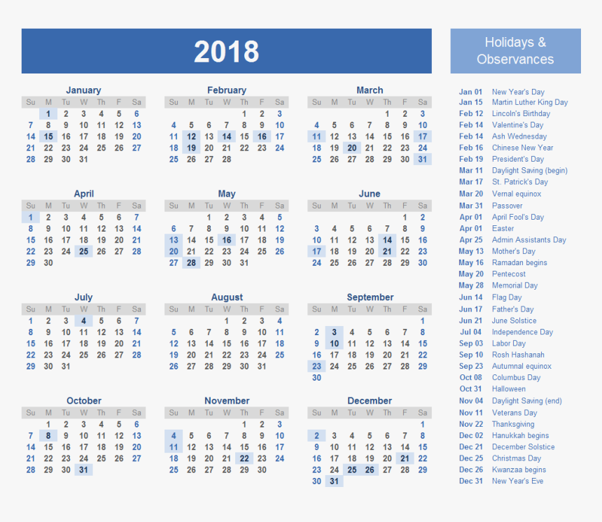 Calendar 2018 Holidays Png - Free Printable 2020 Calendar With Holidays, Transparent Png