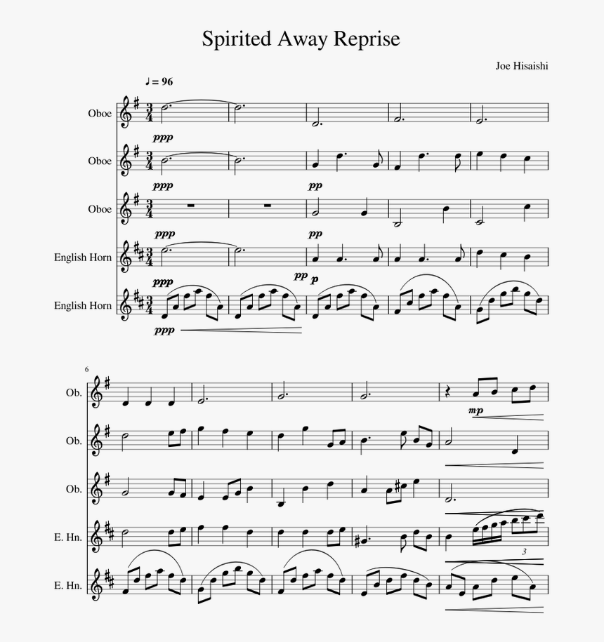 Spirited Away Reprise Oboe Quintet - Fuglene Letter Mod Vinden Noder, HD Png Download