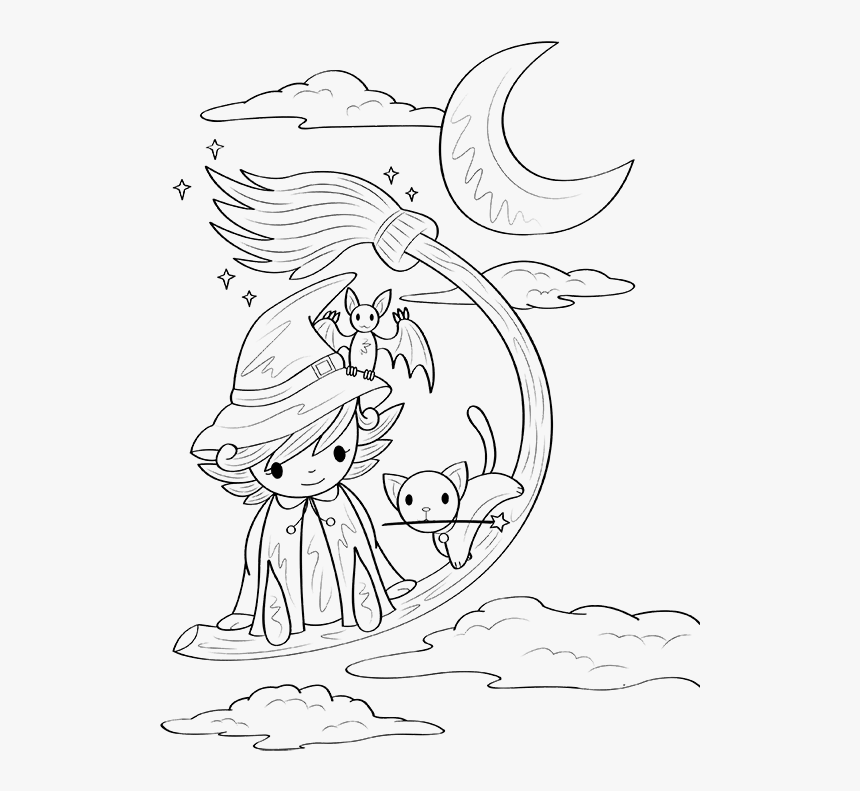 Flying Witch Coloring Page - Line Art, HD Png Download