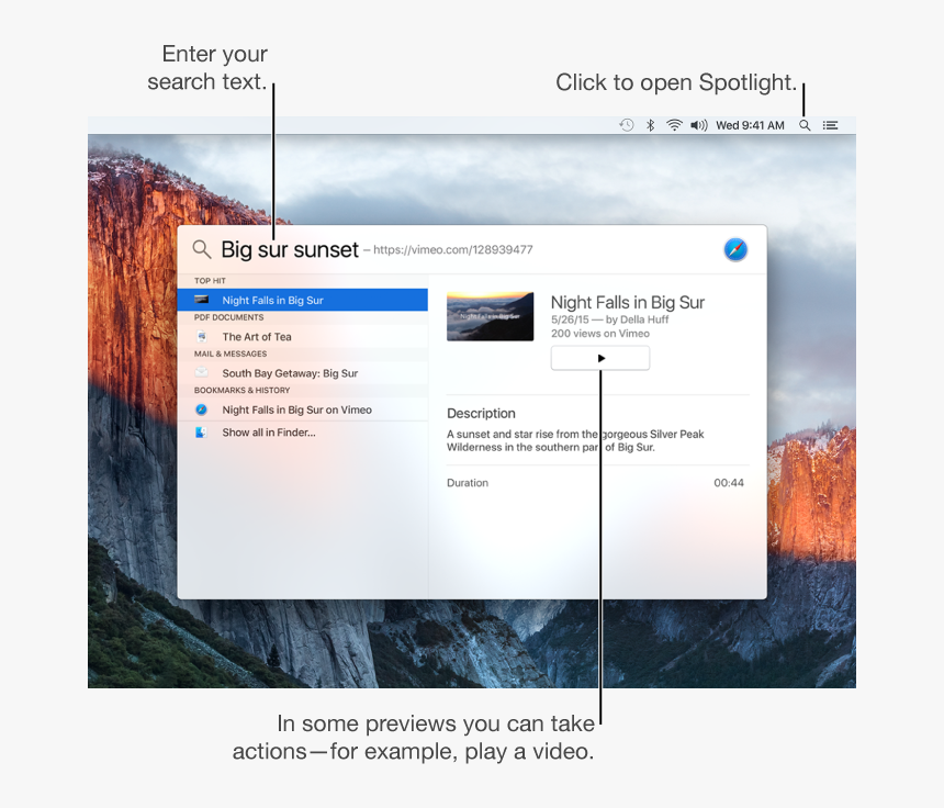 Spotlight Menu Showing Search Example And A Video Result - Yosemite National Park, Yosemite Valley, HD Png Download
