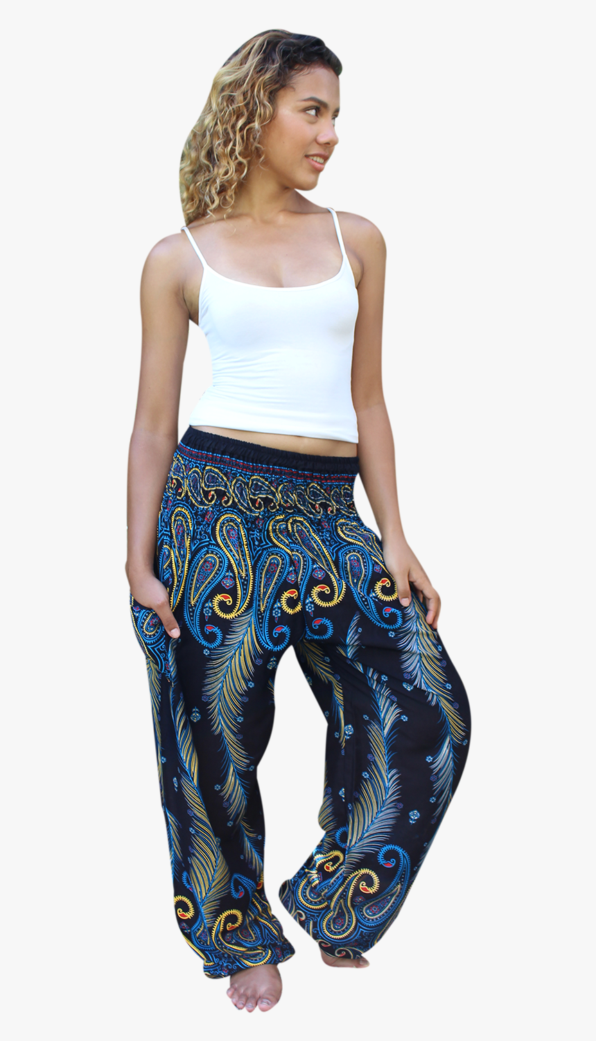 Blue Feather Harem Pants Bohemian Island - Photo Shoot, HD Png Download