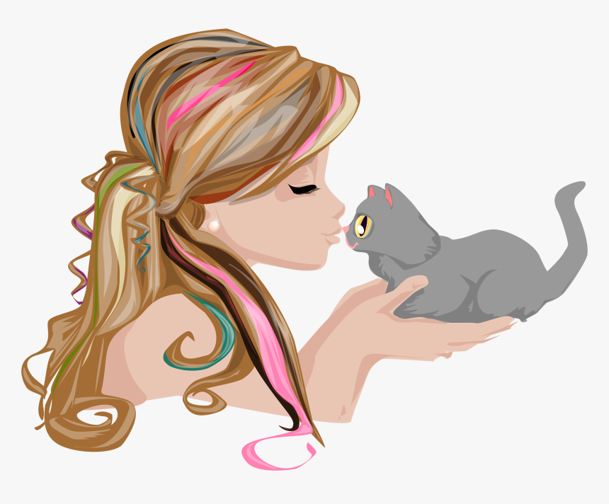 Transparent Kitten Clip Art - Cats And Girl Kissing Clipart, HD Png Download