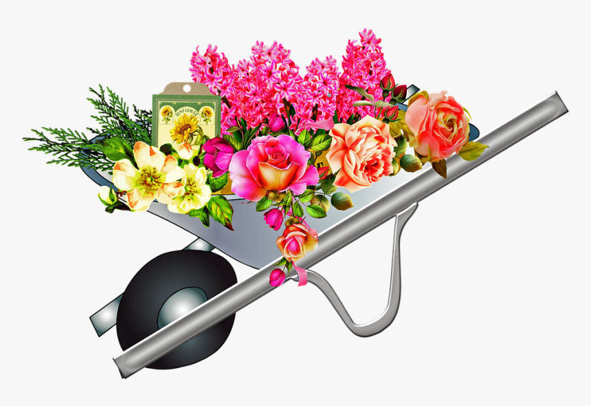 Flowers In Wheel Barrel, Shabby Chic, Roses, Gardening - Brouette De Fleurs, HD Png Download