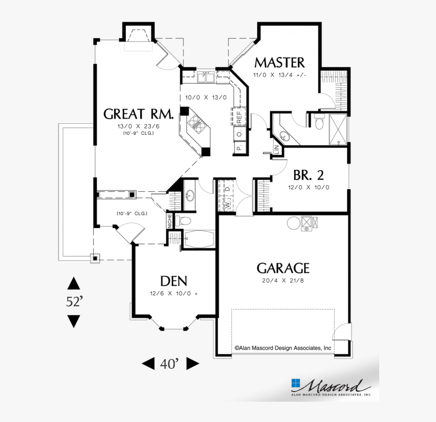 Main Floor Plan Of Mascord 1108a The Naylor Great Room - Square Foot House Plans, HD Png Download
