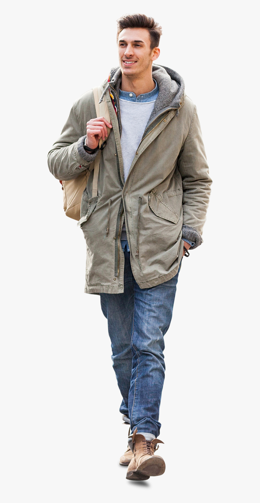 Cutout Man Walking In Green Jacket , Png Download - Man Walking Cut Out, Transparent Png