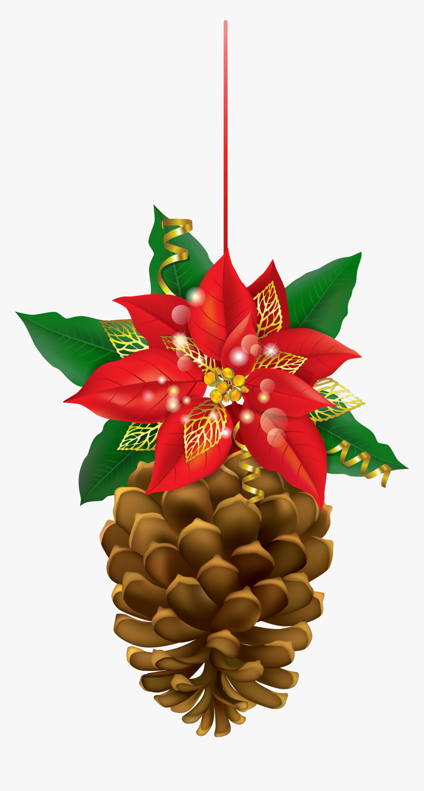 Christmas Pinecone With Poinsettia - Christmas Pine Cone Clipart, HD Png Download