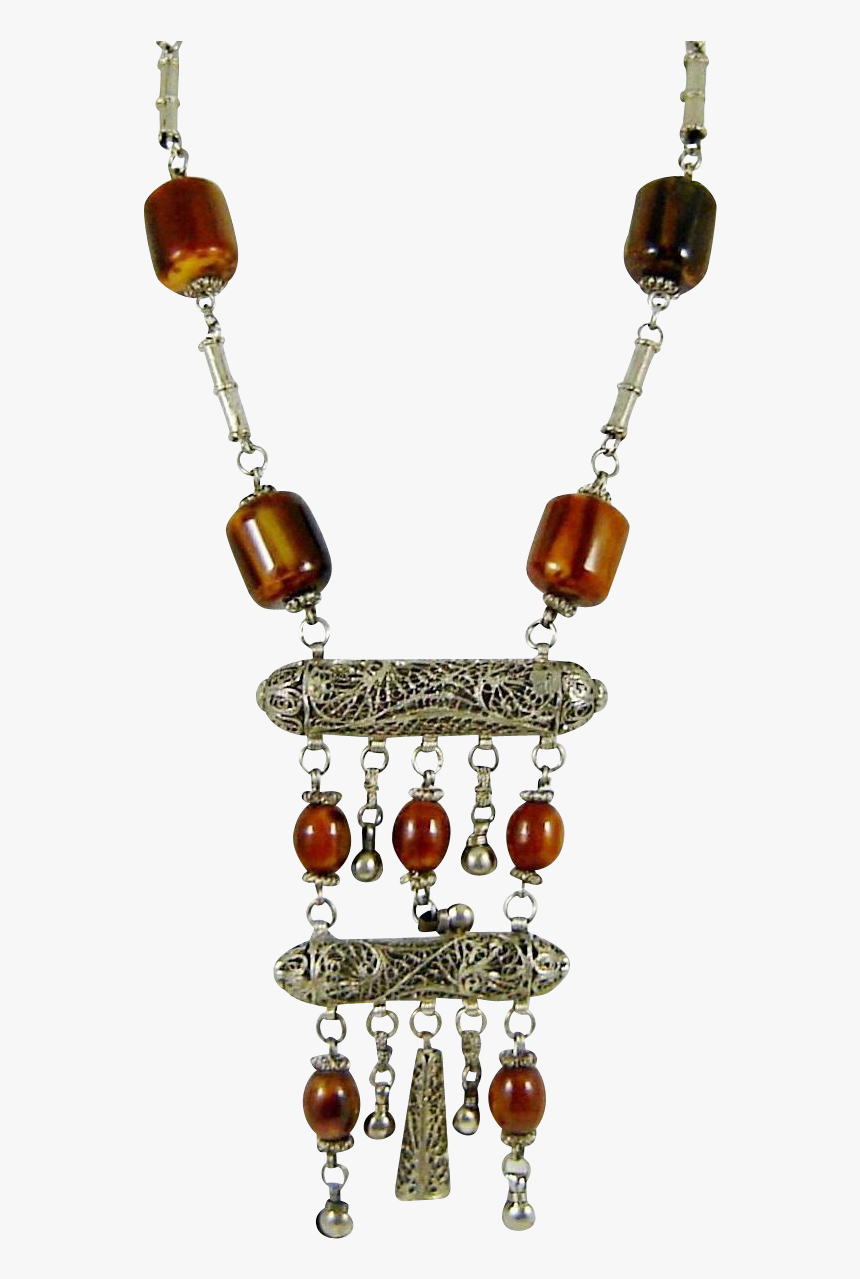 Vintage Tribal Bakelite Necklace Amber Silver Bells - Necklace, HD Png Download