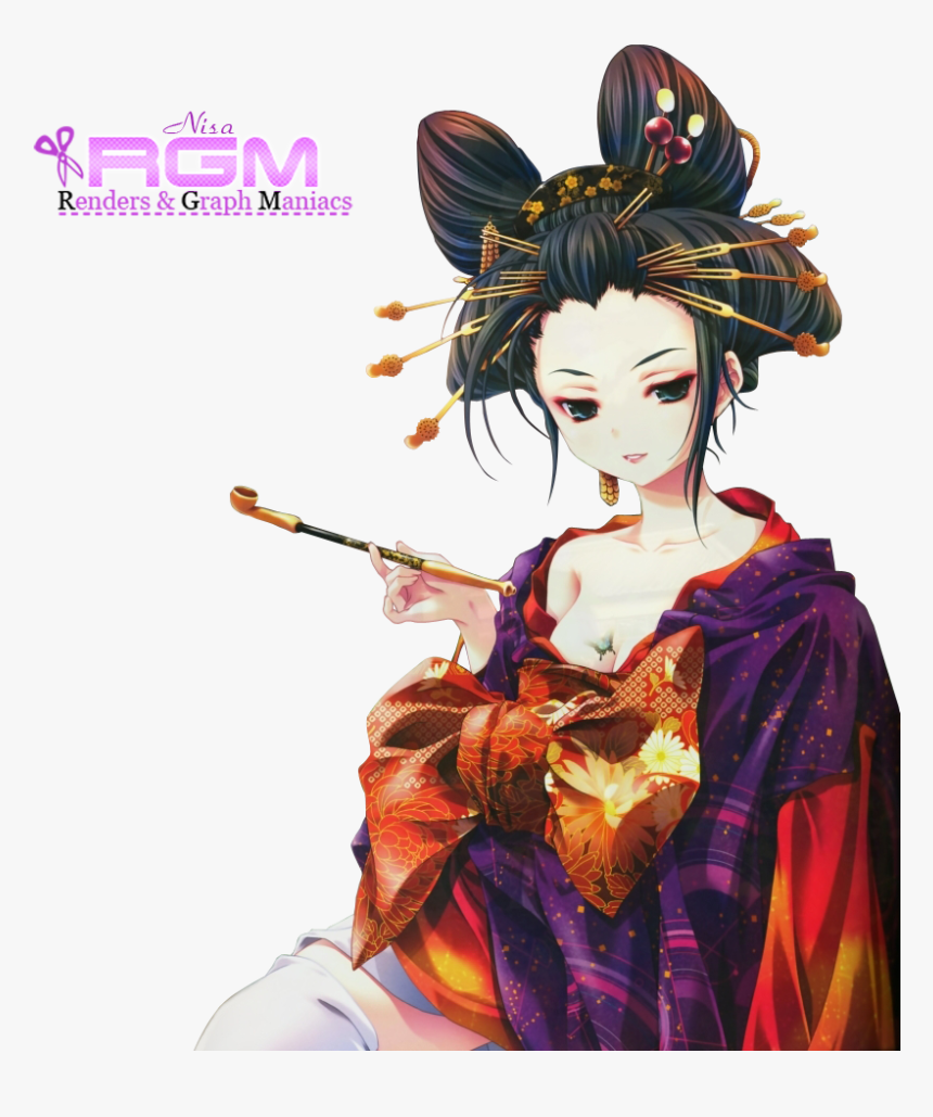 Geisha Fille Maquillage Kimono Barettes Chignon Render - Kimono Geisha Anime, HD Png Download