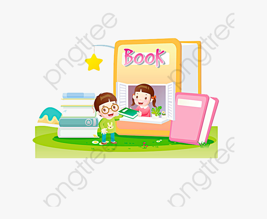 Cartoon Kids And Books, HD Png Download