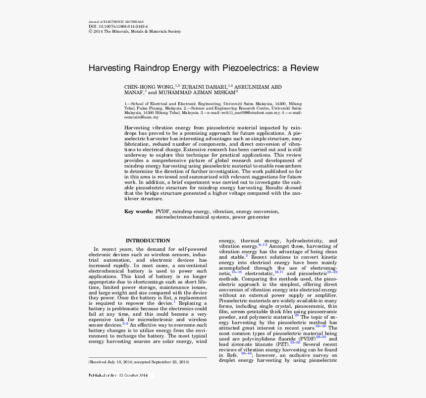 Harvesting Raindrop Energy With Piezoelectrics A Review, HD Png Download