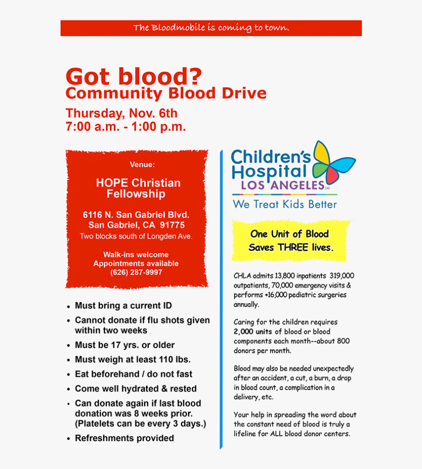 Blood Drive - Children's Hospital Los Angeles, HD Png Download