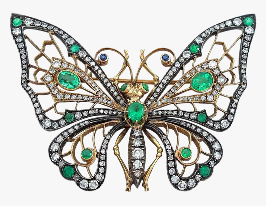 Emerald Diamond Silver And 14 Karat Gold Butterfly - Brooch, HD Png Download
