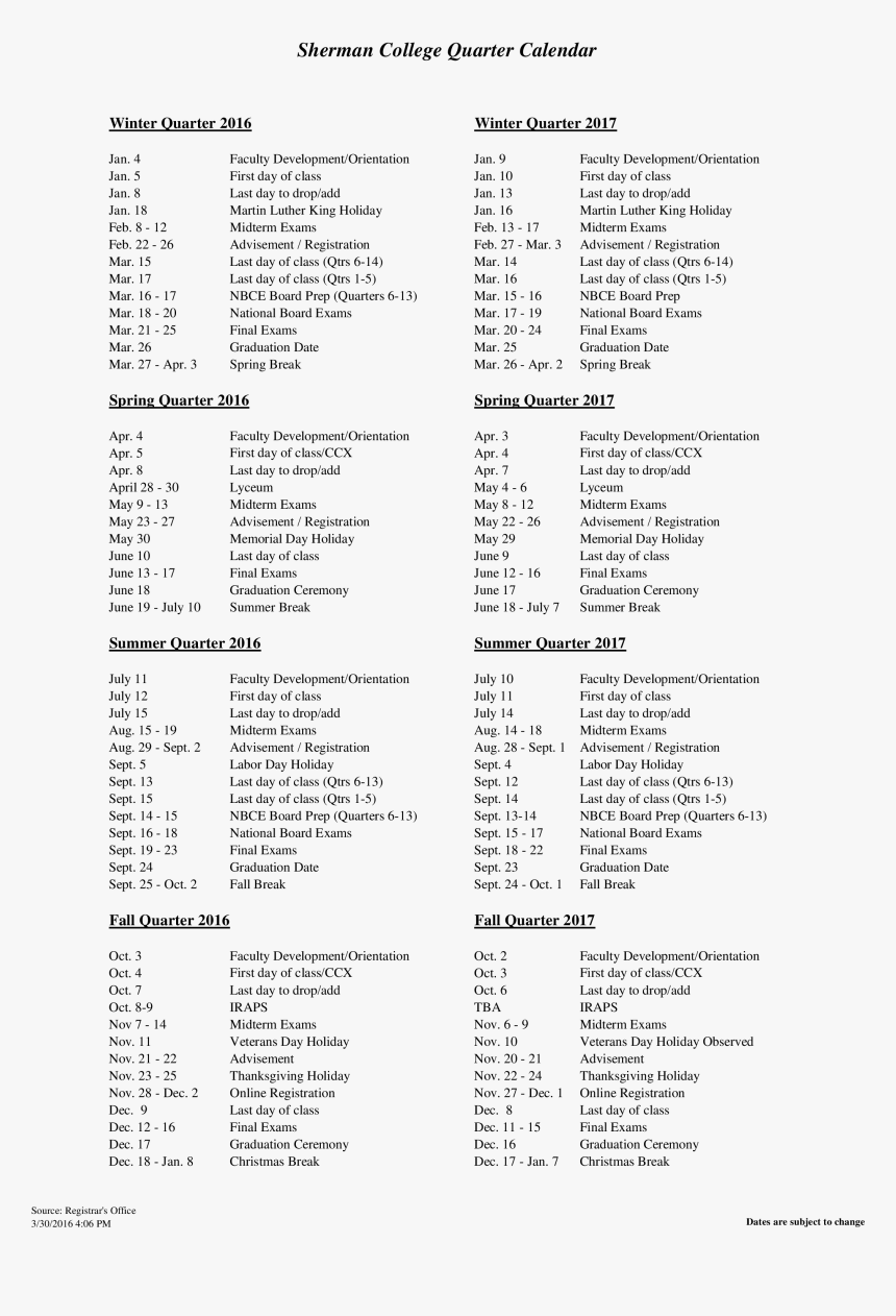 College Quarterly Calendar Main Image - College Quarter Calendar, HD Png Download