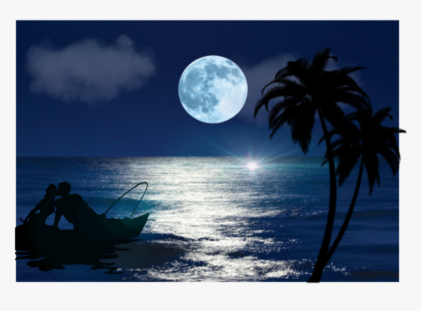 #lua #mar #casal #amor #coqueiro - Full Moon Party Moon, HD Png Download