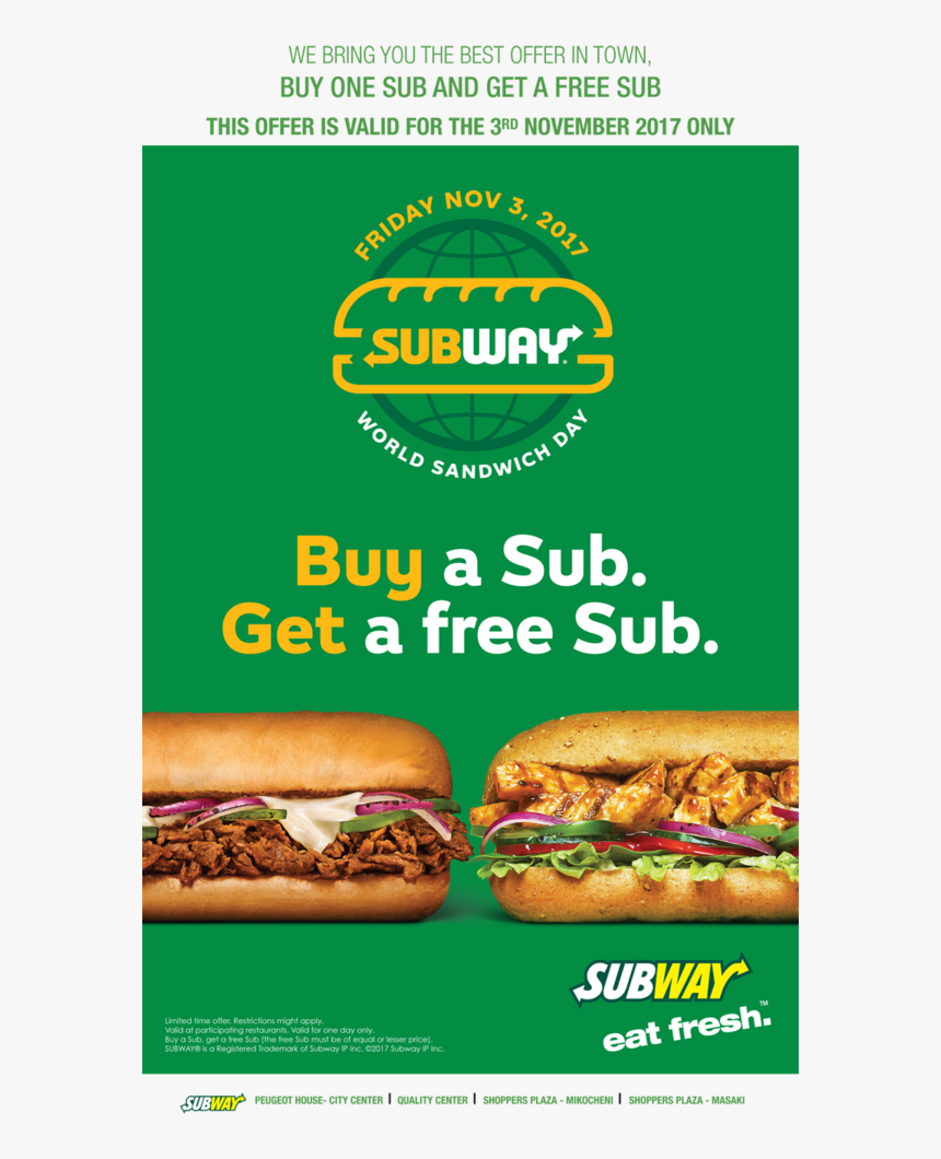 Subway , Png Download - Subway World Sandwich Day, Transparent Png