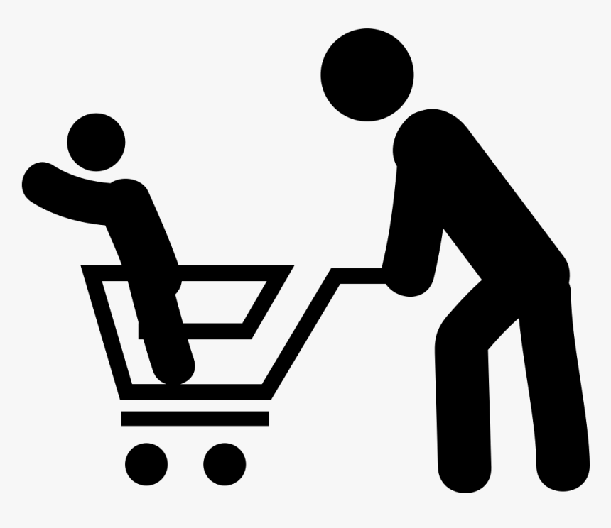 Man With His Son In A Shopping Cart - Woman Pushing Shopping Cart Png, Transparent Png