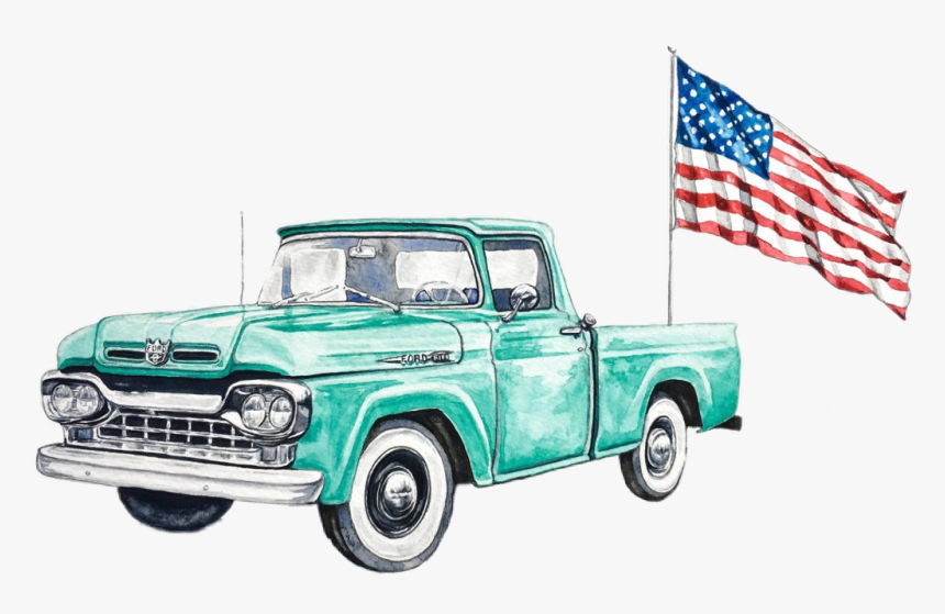 #watercolor #truck #teal #ford #pickup #antique #retro - Ford Truck American Flag, HD Png Download