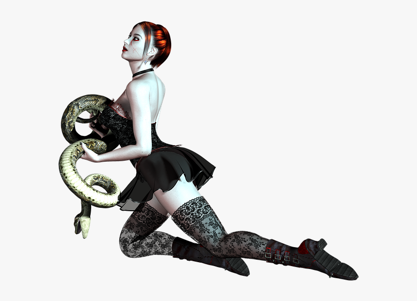 Girl, Kneeling, Snake, Red Hair, Dress, Pose, 3d, Png - Snakes Hair Png, Transparent Png