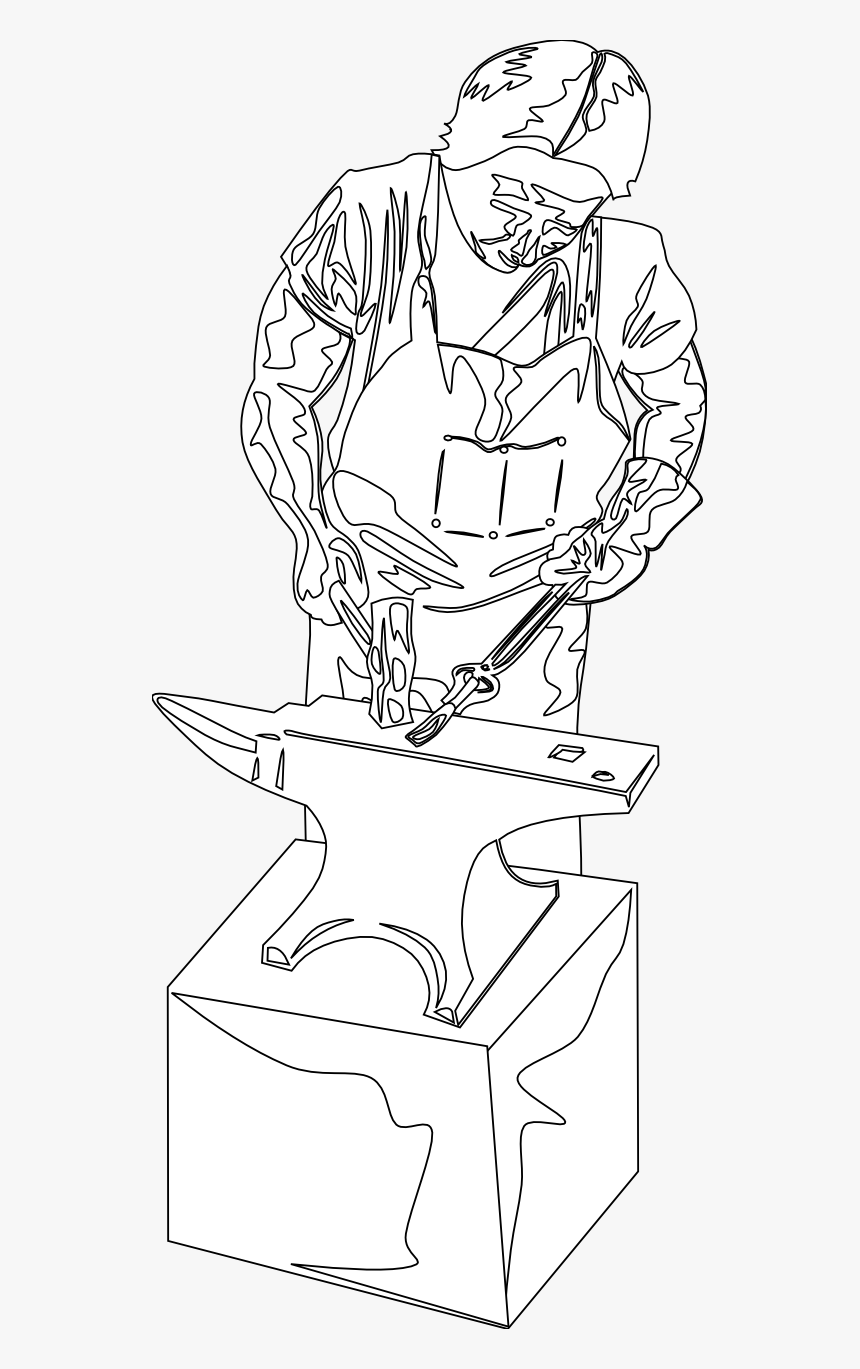 Blacksmith And Tools Black White Line Art 555px - Drawing, HD Png Download