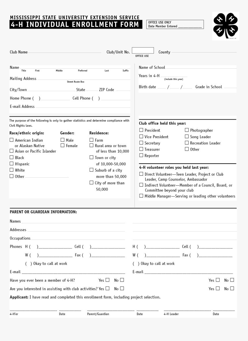 A Copy Of The 4-h Individual Enrollment Form - Ga 4 H Enrollment Card, HD Png Download