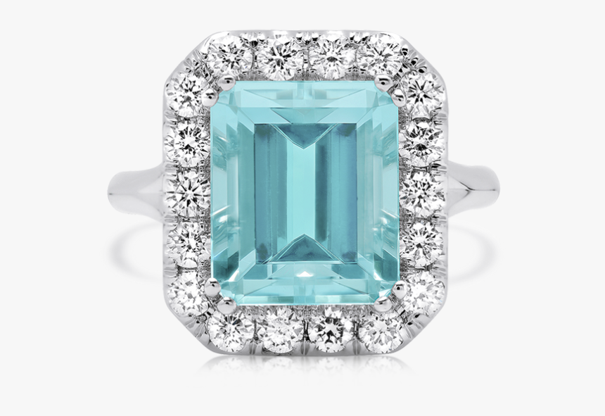 Emerald Cut Aquamarine Ring With Round Diamonds - Diamond, HD Png Download