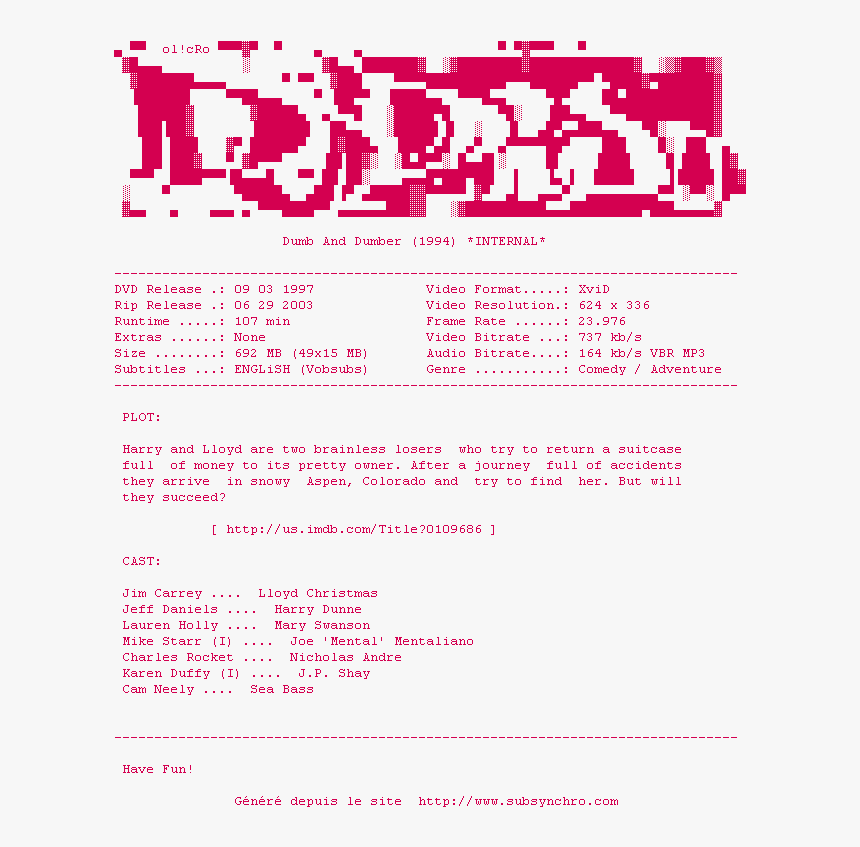 Nfo De La Release Dumb, HD Png Download