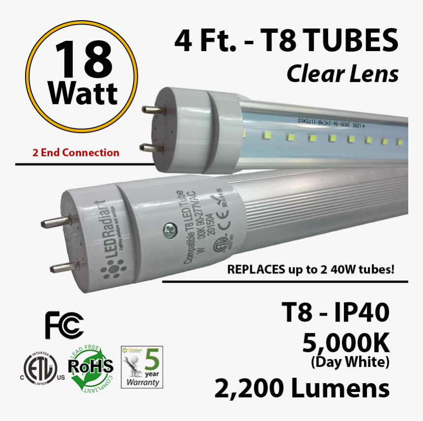 18w 4ft Led T8 Tube Light 2200lm 5000k Frosted 2 End - 2ft Led Tube Light, HD Png Download