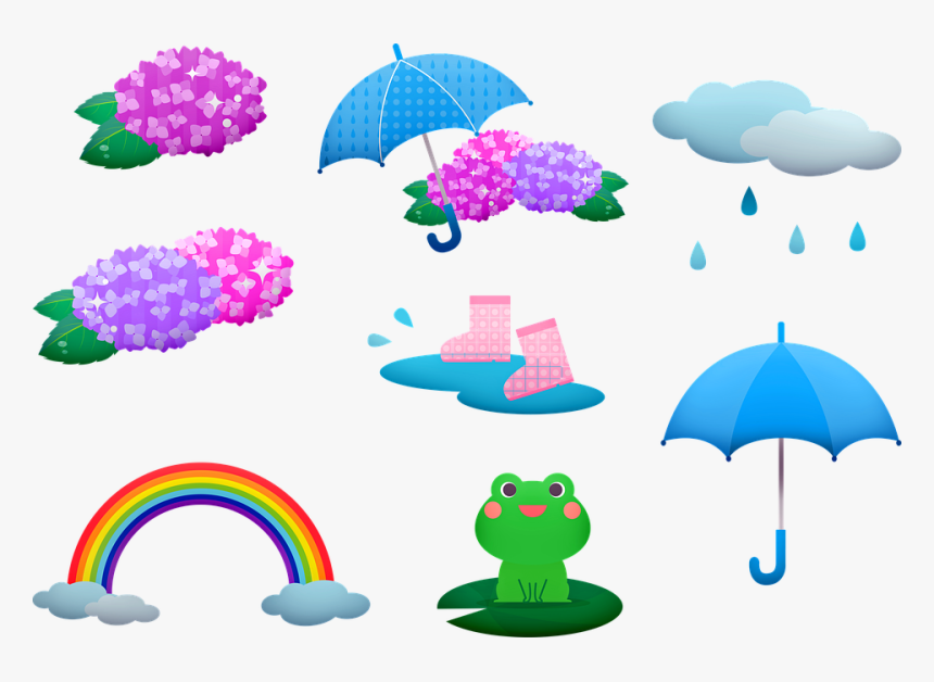 Rainy Season Frog Kawaii Asian Hydrangea Rain - Rain, HD Png Download