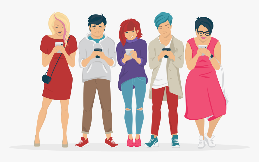 5 Adolescents Happily Using Smartphones - Illustration, HD Png Download